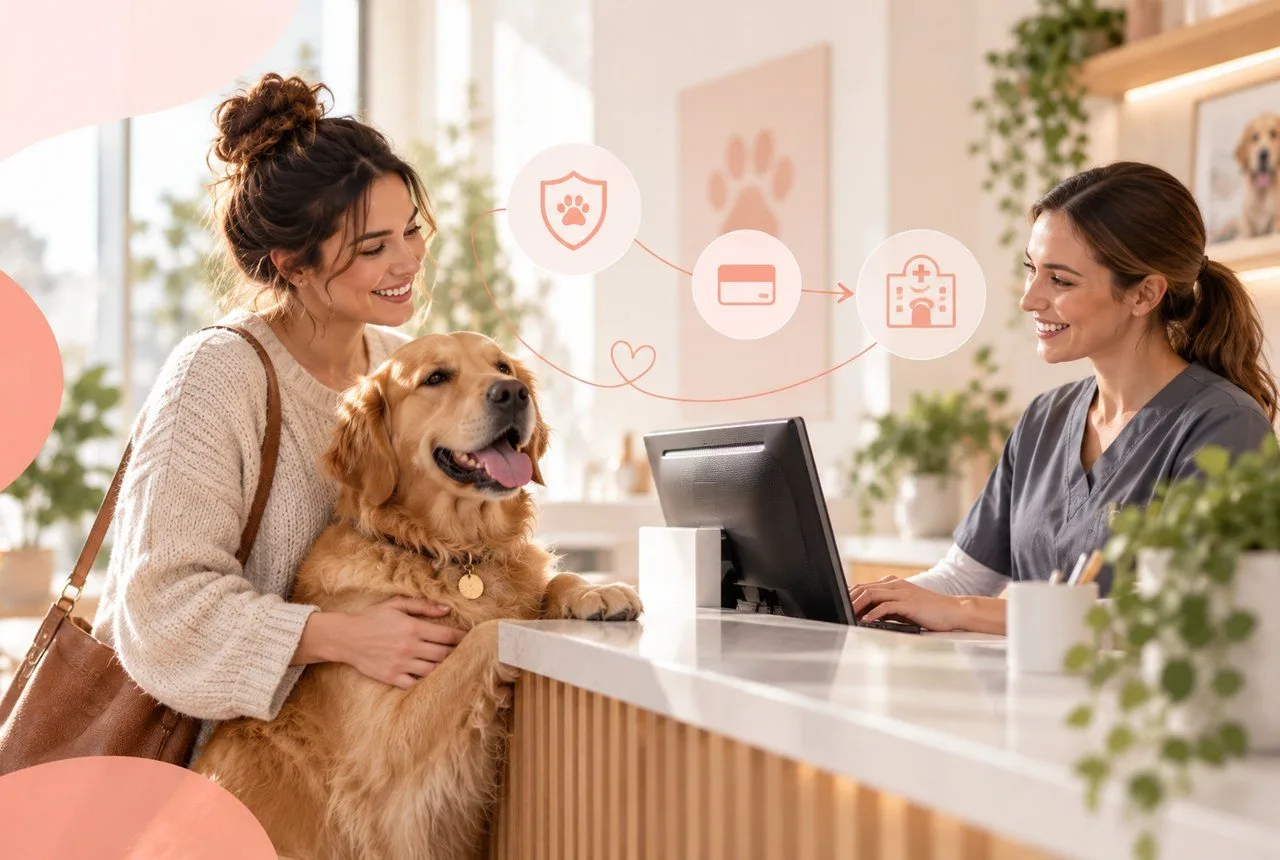 Owner with a dog speaking to a staff member at a veterinary reception counter